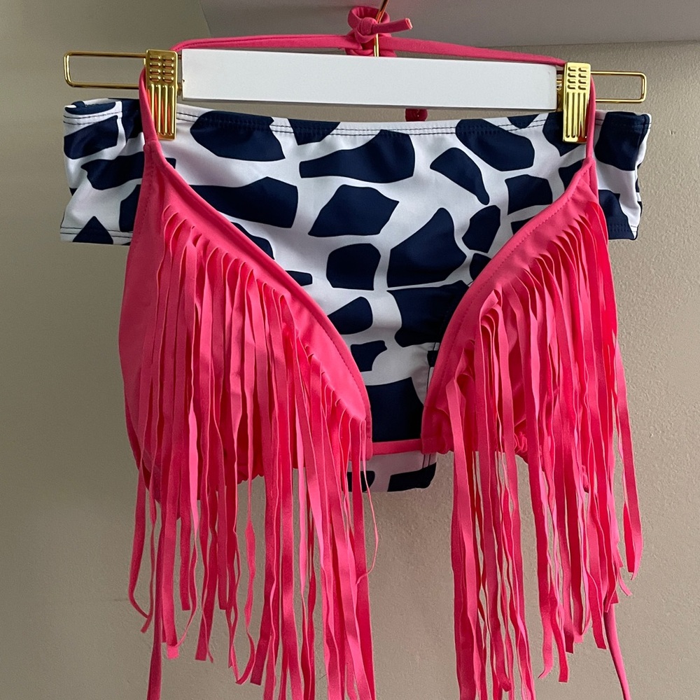 NWT Rose pink navy high leg boy shorts cheekini bikini tassle label L FITS M 4-6